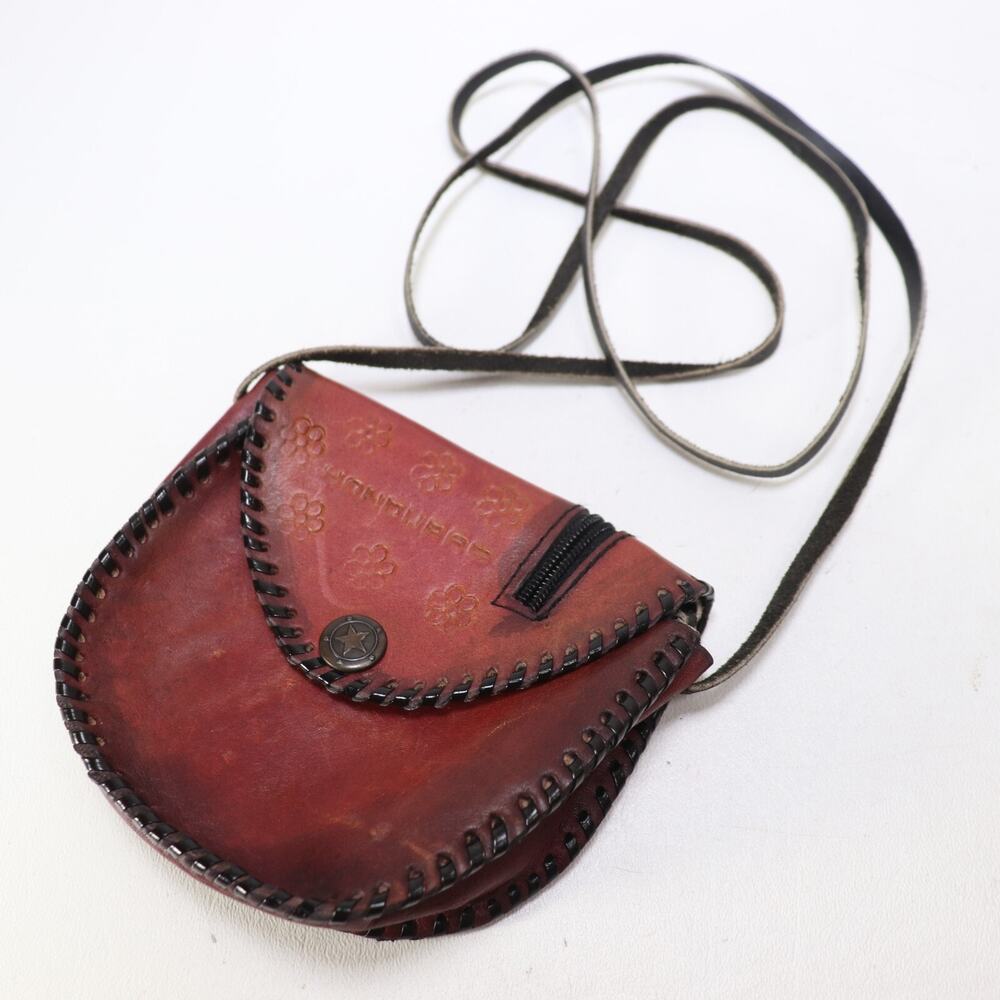 Vtg Honduras Mini Crossbody Handbag Floral Leather Zip Pocket Shoulder Bag